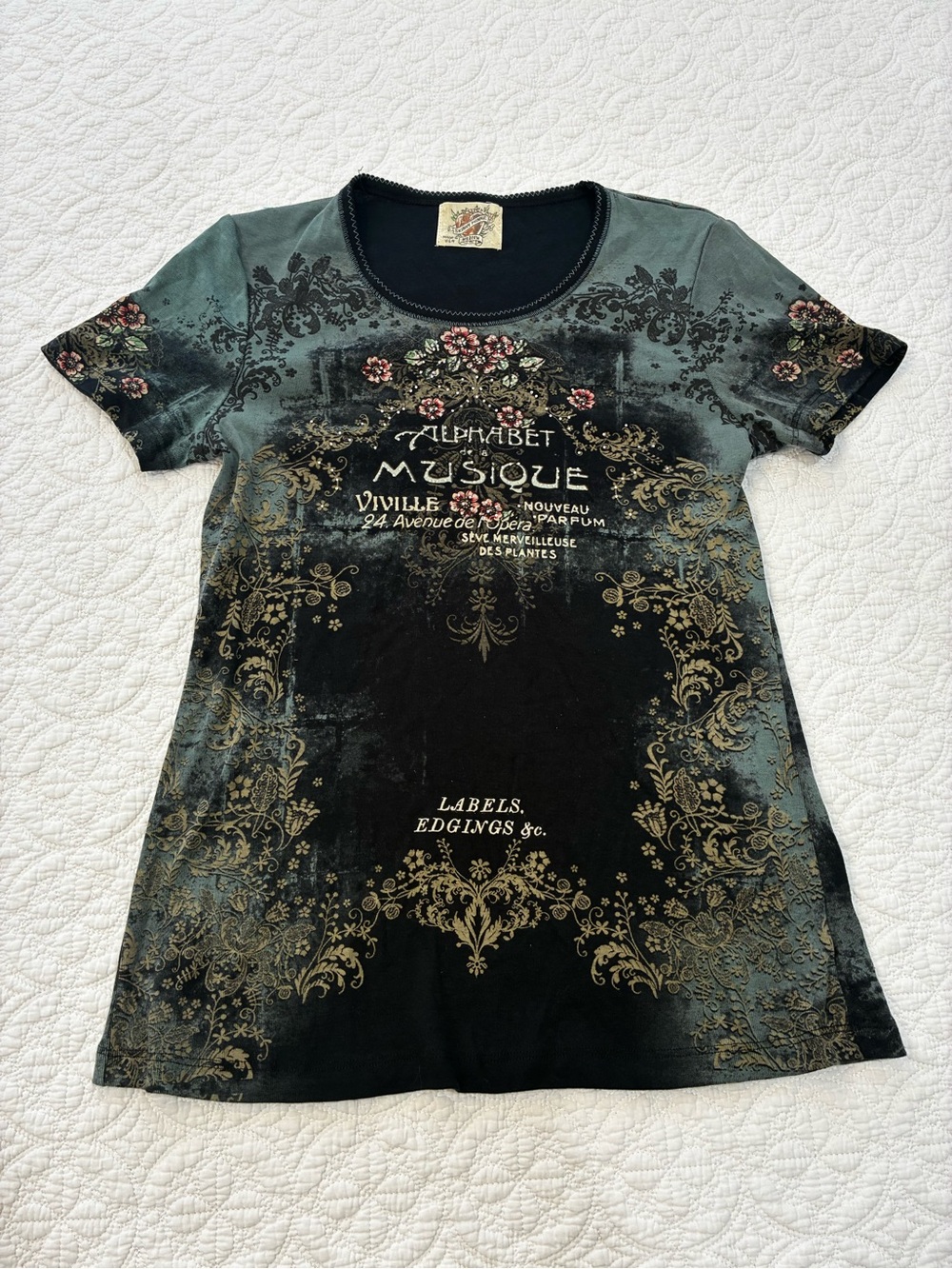 Whimsigoth Y2K Skinny Minnie Graphic Tee Rhinestone Floral Grunge Top Medium